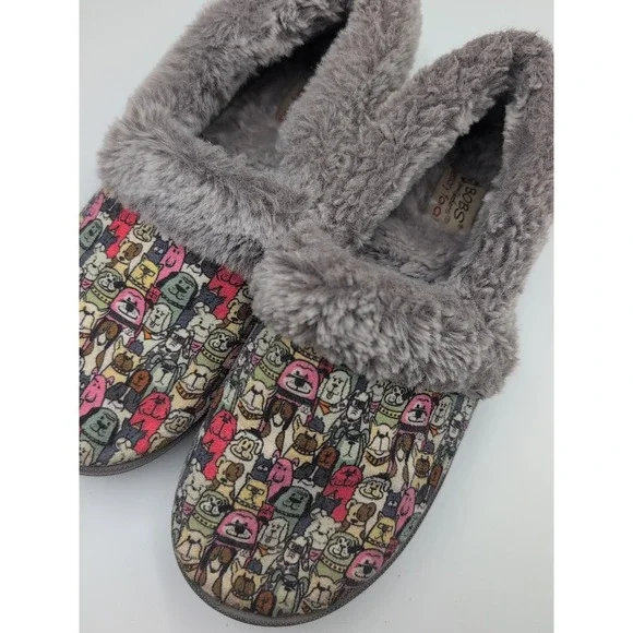 Skechers BOBS Slippers Women 7.5 Dog Print Faux Fur Lined Memory Foam Cozy - Picture 7 of 16